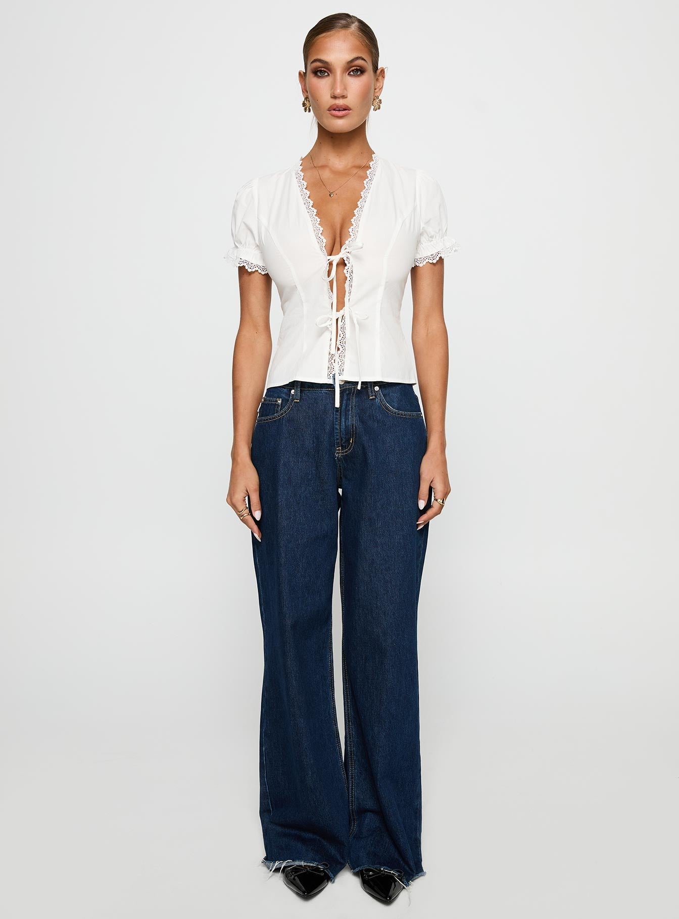 Abundance Tie Up Lace Trim Top White