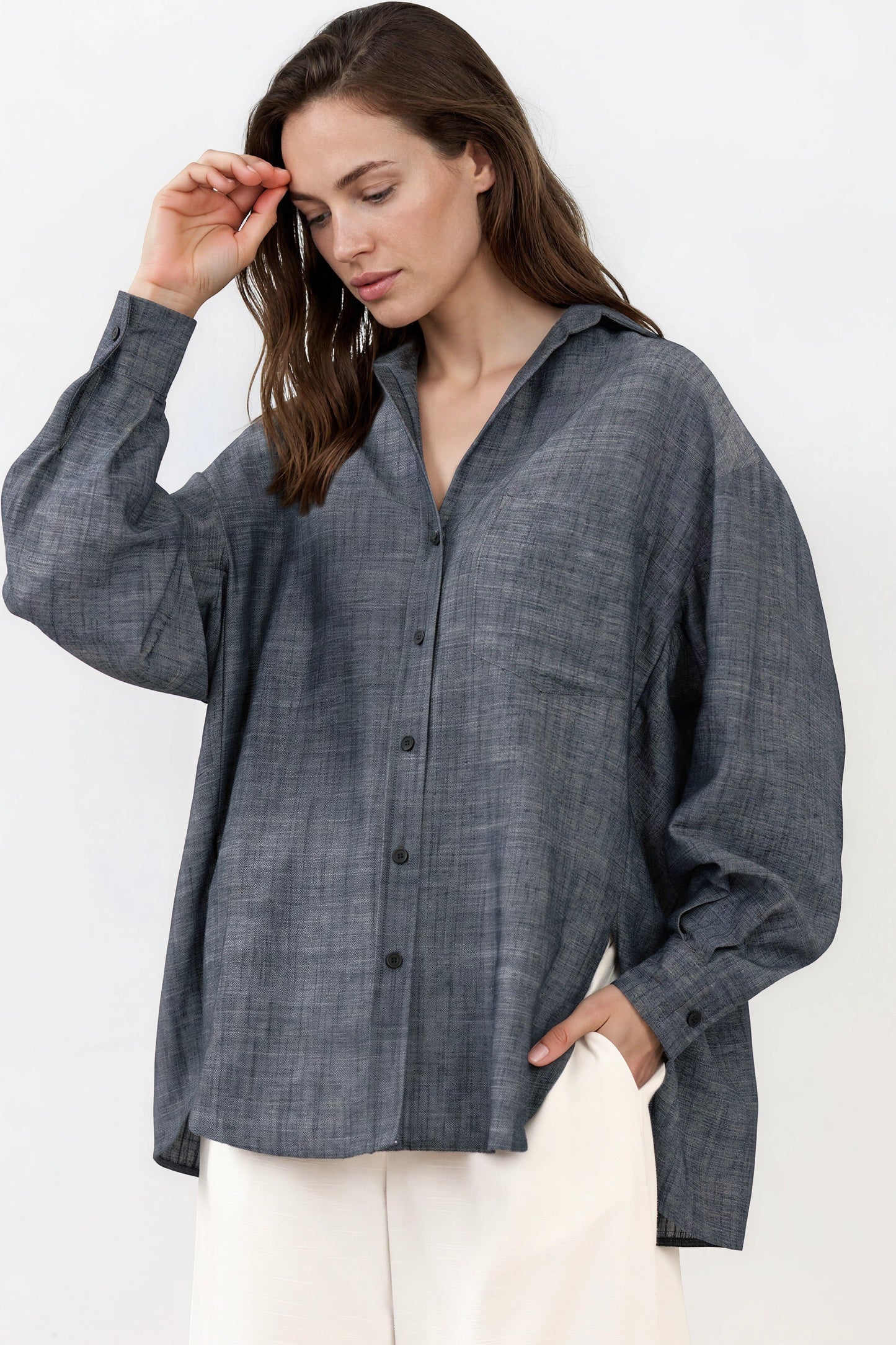 Doran Shirt - Oversized Buttoned Down Shirt with High Low Scoop Hemline in Indigo