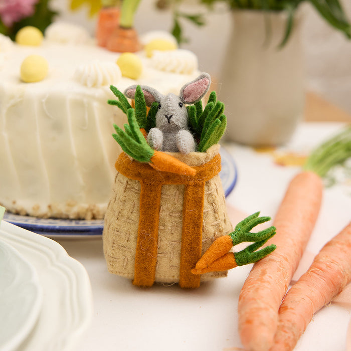 Felt baby bunny in woven-style pack basket – handmade Easter ornament for kids