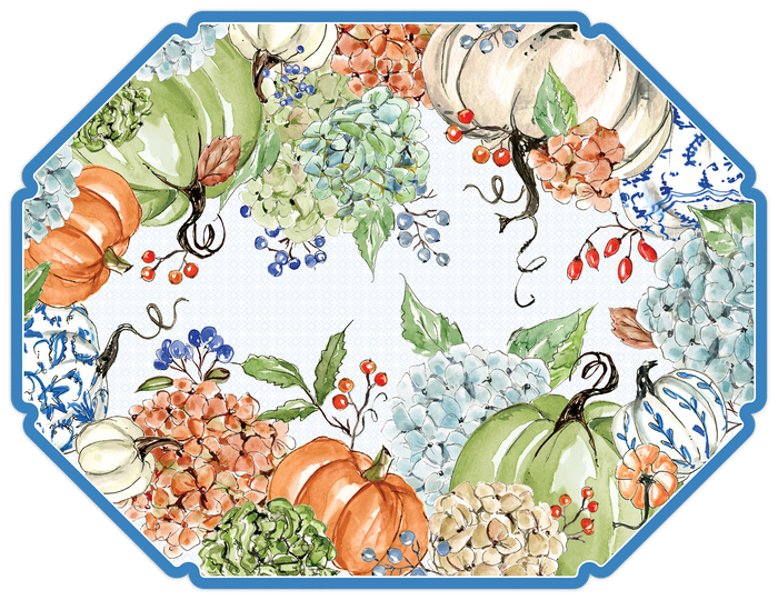 Paper hydrangea pumpkin die cut placemats 13 x 17 inch set of 10 for cottagecore traditional fall entertaining from Magnolias Home Decor