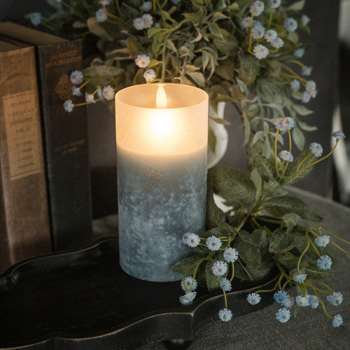Glass blue frosted 3D flame LED flameless candle 3 x 6 inch with timer for transitional home decor from Magnolias Home Decor