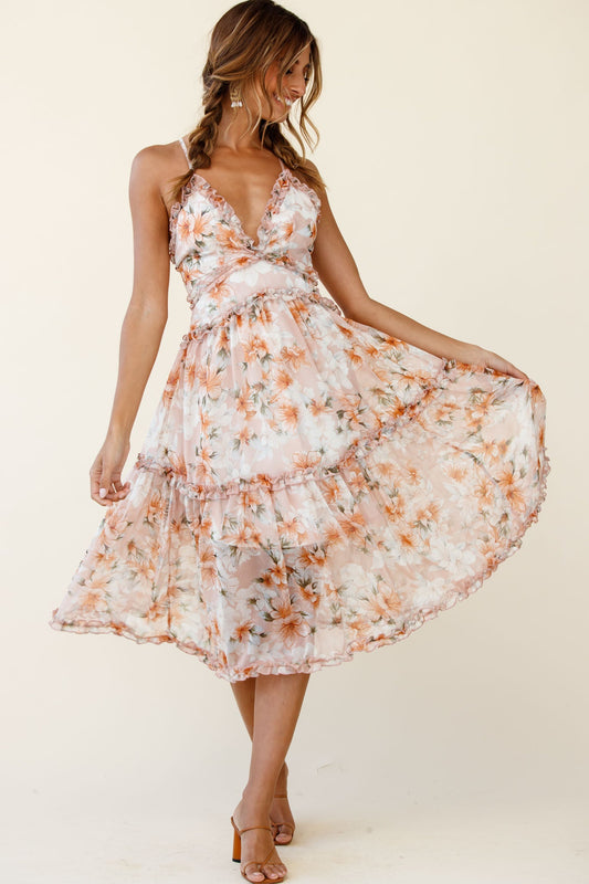 Laney Low Back Cami Strap Midi Dress Hibiscus Print Nude