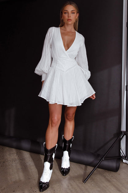Sweet Escape Lantern Sleeve Pintuck Dress White