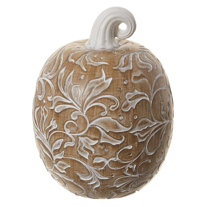 Resin whitewashed beige carved pumpkin 8 inch for farmhouse transitional fall home decor from Magnolias Home Decor