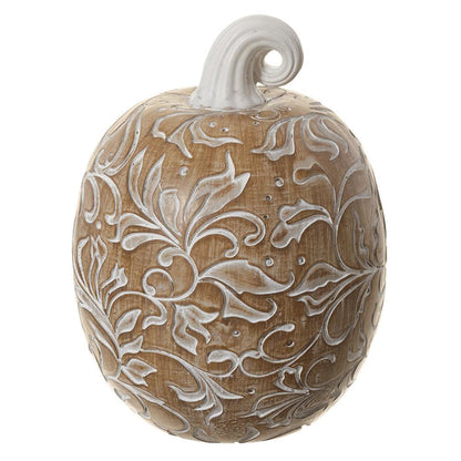 Resin whitewashed beige carved pumpkin 8 inch for farmhouse transitional fall home decor from Magnolias Home Decor
