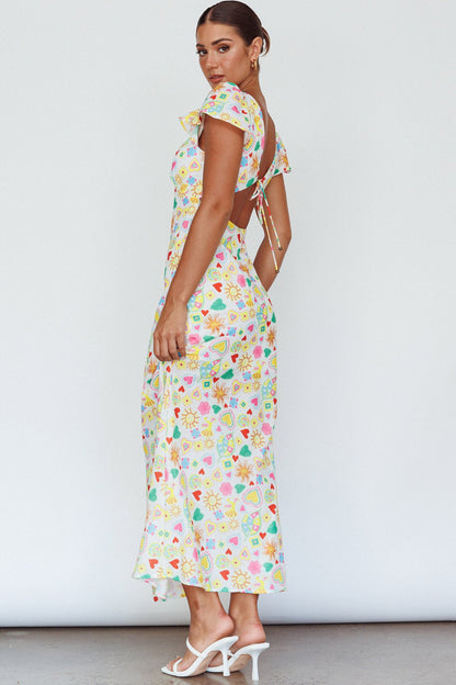 Long Summer Flutter Sleeve Maxi Dress Printed White