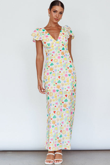 Long Summer Flutter Sleeve Maxi Dress Printed White