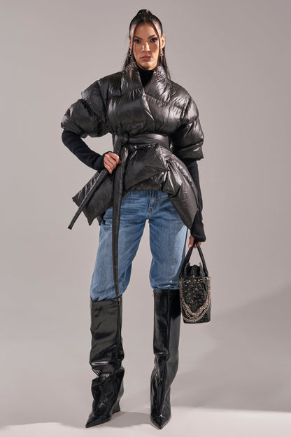 A STEP AHEAD LONG RIBBED SLEEVE PEPLUM PUFFER COAT