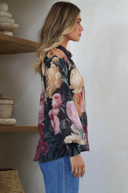 Adora Top - Mandarin Collar Button-Down with Long Balloon Sleeves in Annalisa Print