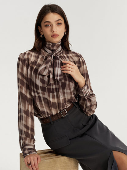 Tie Neck Plaid Semi-Sheer Chiffon Blouse