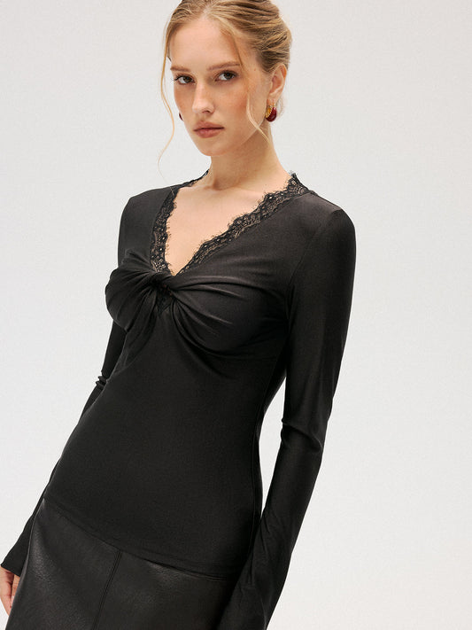 Lace-Trim V-Neck Knot-Front Top