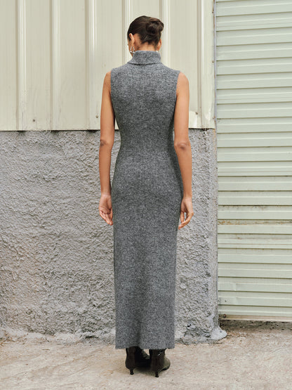 Wool Blend Sleeveless Turtleneck Sweater Dress