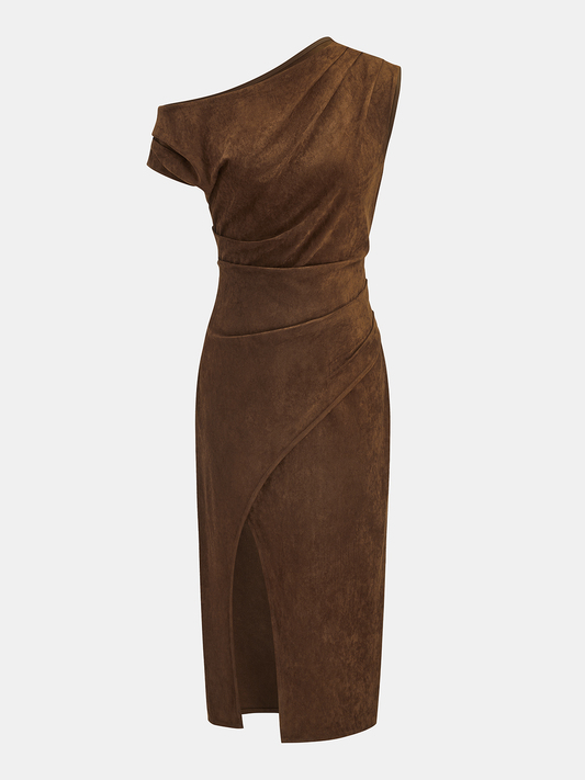 Suede Effect One-Shoulder Ruched Midi Dress