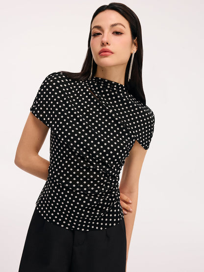 Polka Dot Cut-Out Ruched Short-Sleeve Blouse