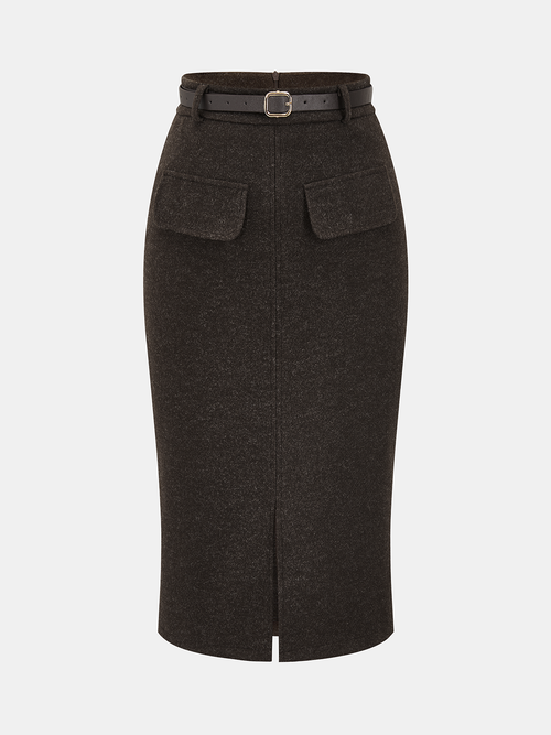 Faux Cashmere Belted Slit Pencil Skirt