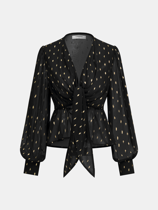 Foil Spot Print Tie-Front Chiffon Blouse