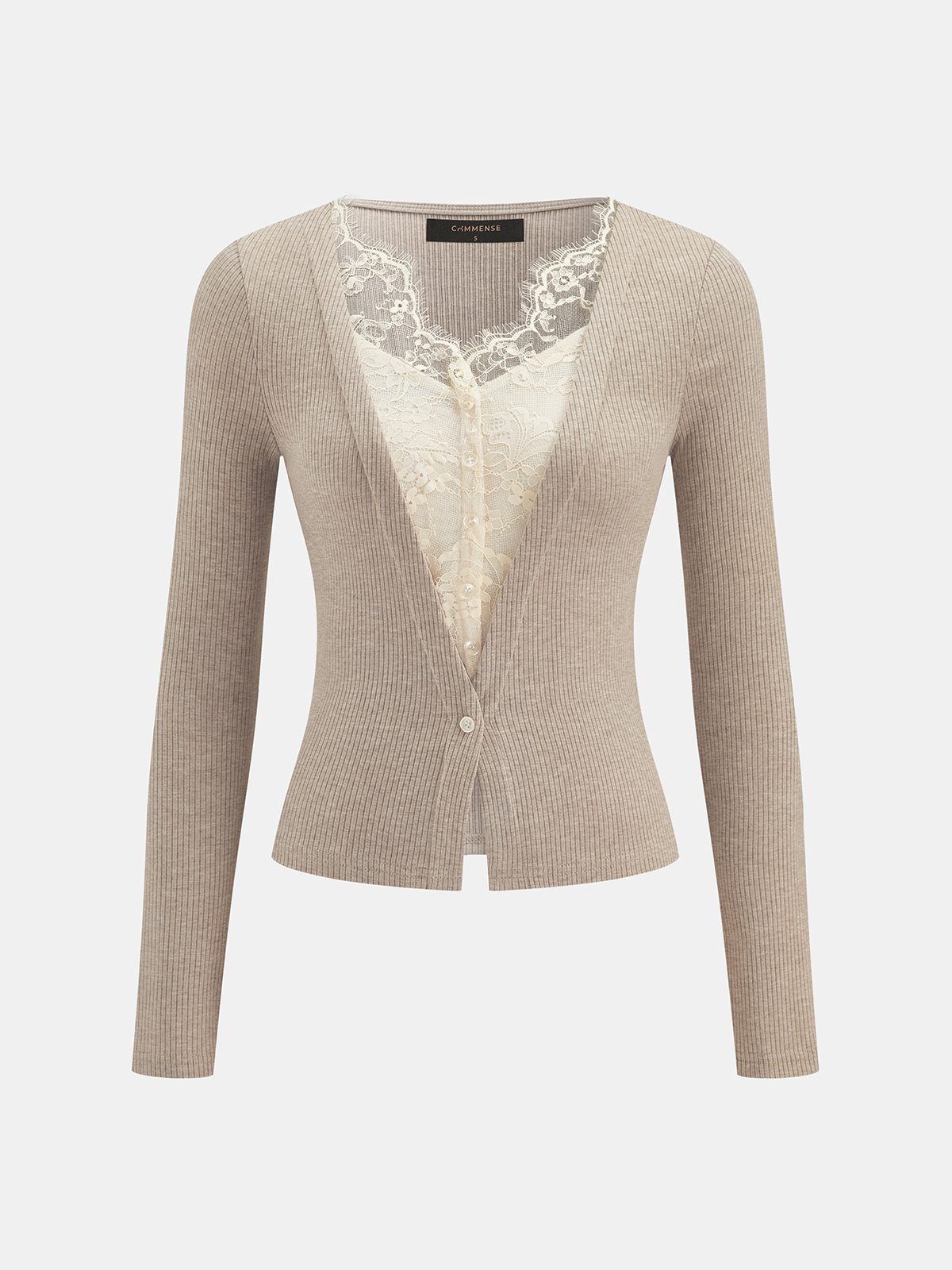 V-Neck Lace Panel Ribbed Knit Top