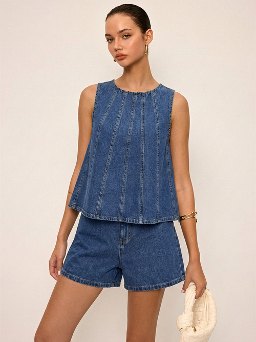 Tie-Back Denim Sleeveless Top & Shorts Set