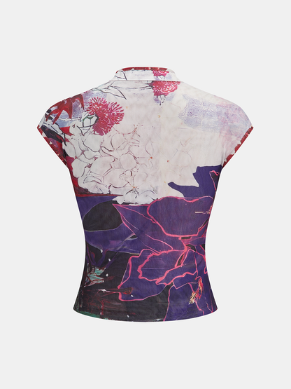 Floral Print Mandarin Collar Mesh Top