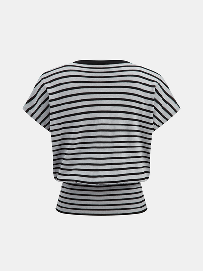 Striped V Neck Short Sleeve Knit Top