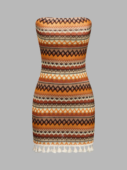 Strapless Geometric Tassel Bodycon Mini Dress