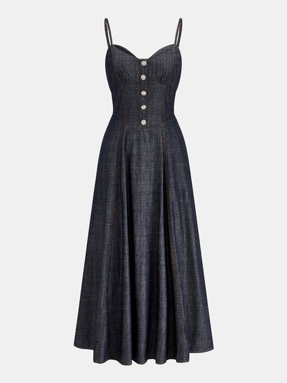Rhinestone Decor Denim Slip Midi Dress