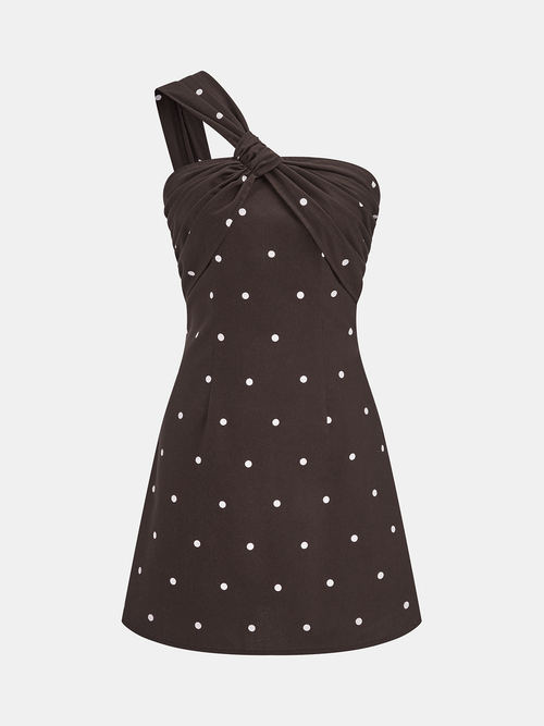 Polka Dot One Shoulder Linen Blend Mini Dress