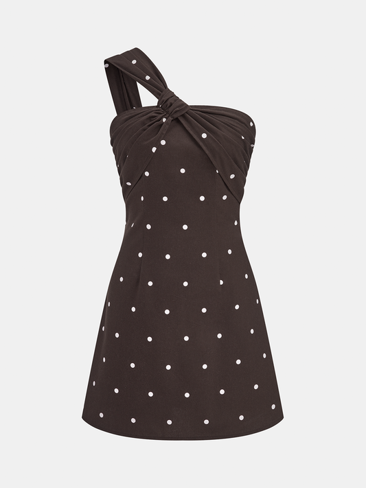 Polka Dot One Shoulder Linen Blend Mini Dress