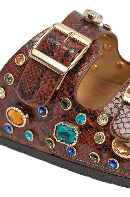 AKIRA BAYLEAVES BROWN SNAKE EMBELLISHED FLAT SLIP ON SANDAL