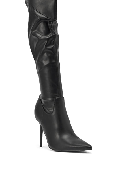 AKIRA GOLD CHROMEA BLACK THIGH HIGH STILETTO BOOT