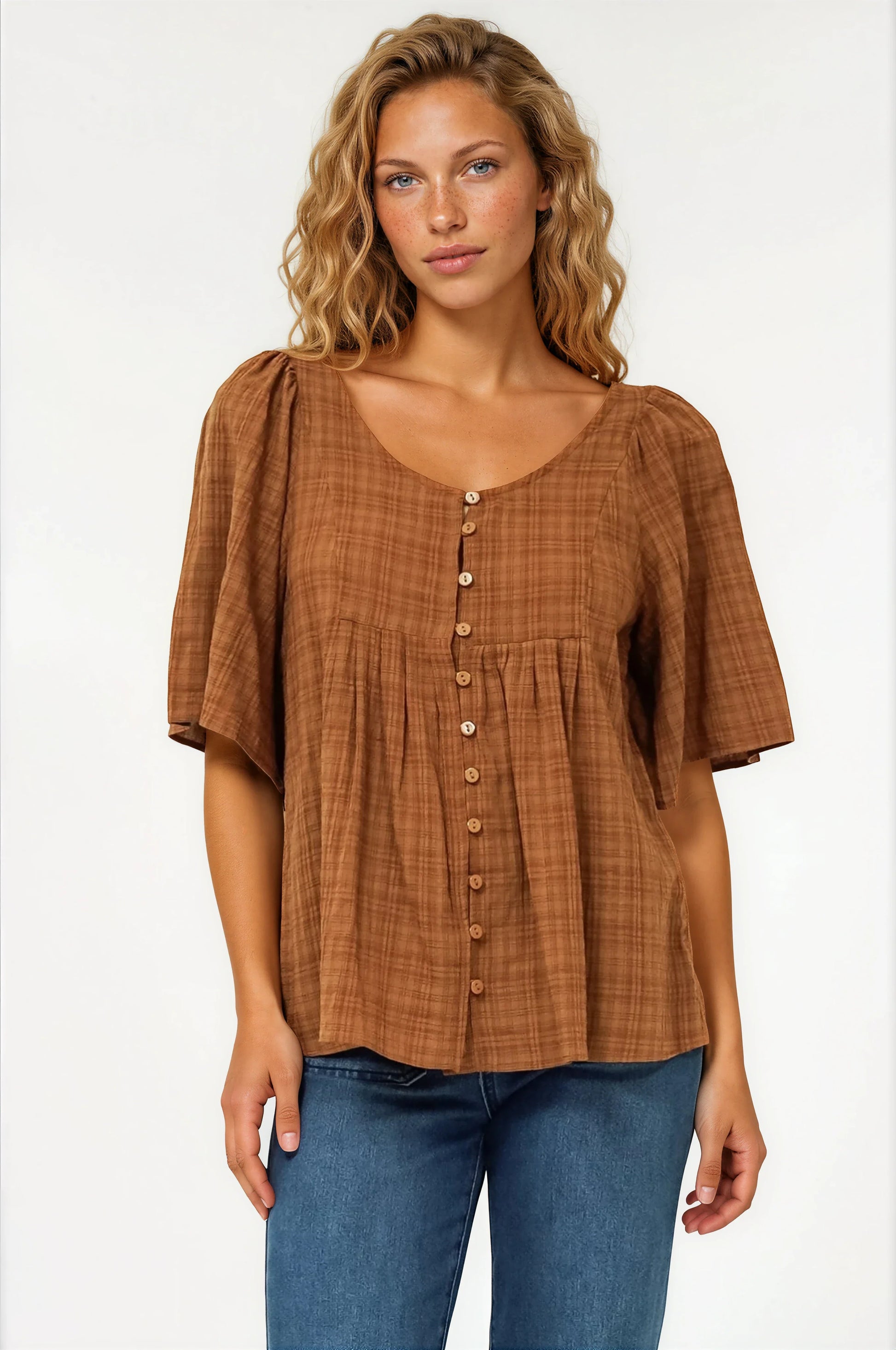 Casita Top - Scoop Neck Textured Babydoll Top with Flutter Sleeves in Tan