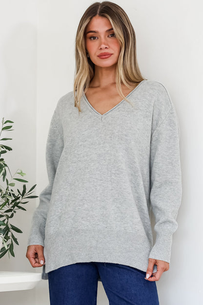 Clarke Jumper - V-Neck Batwing Sleeve Ribbed Step Hemline Knit in Grey