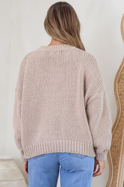 Wildflower Jumper - Chunky Knit with Flower Decals in Taupe Multi