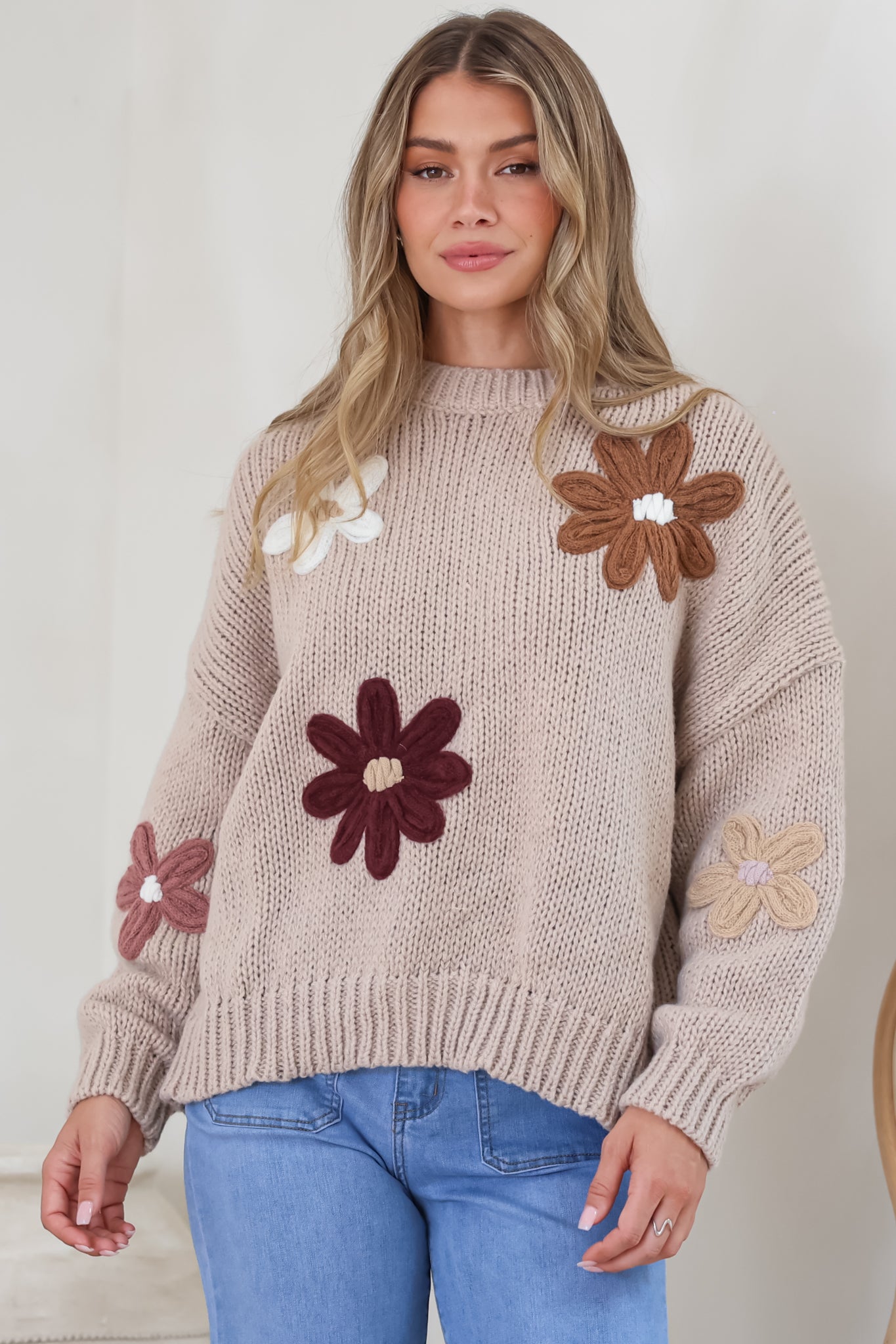 Wildflower Jumper - Chunky Knit with Flower Decals in Taupe Multi