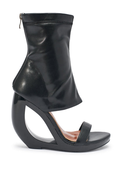AKIRA GOLD DUMISANI BLACK WEDGE OPEN TOE BOOTIE