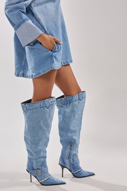 AKIRA GOLD DURANGO DENIM STILETTO PANT LOOK BOOT