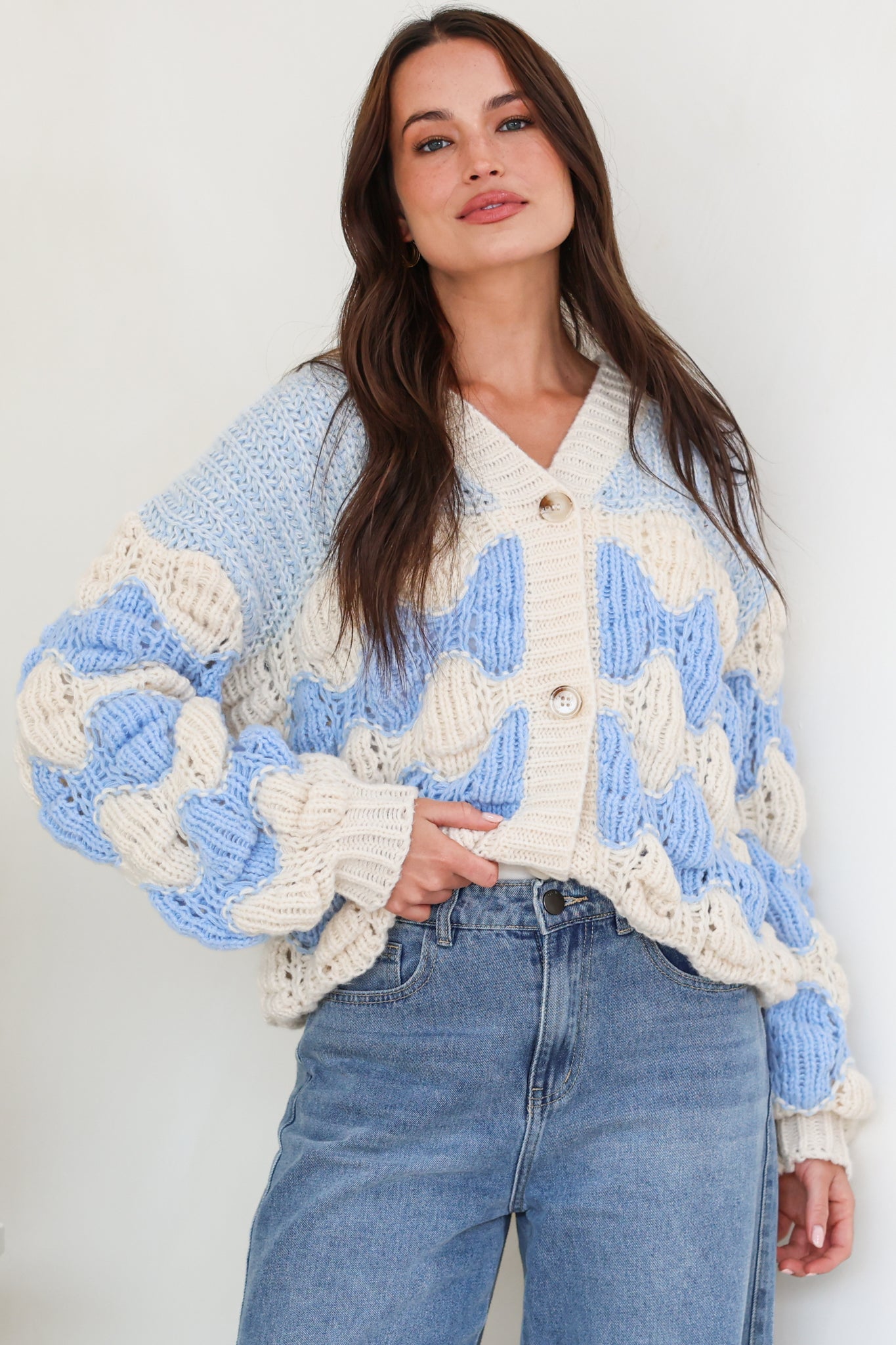 Deborah Cardigan - Relaxed Button Front Stripe Bubble Knit in Blue