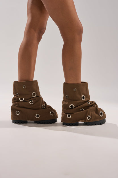 AKIRA GOLD FABLE BROWN GROMMET EMBELLISHED FLAT BOOTIE