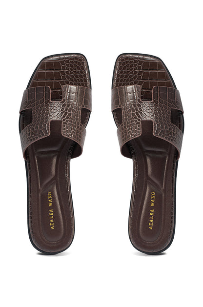 AKIRA HOWDY BROWN CROC SLIP ON FLAT SANDAL