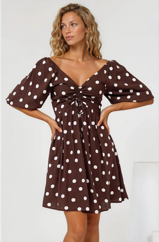 Justina Mini Dress - V-Neck Gathered Bodise On or Off Shoulder Mini Dress in Kitson Spot Print Chocolate