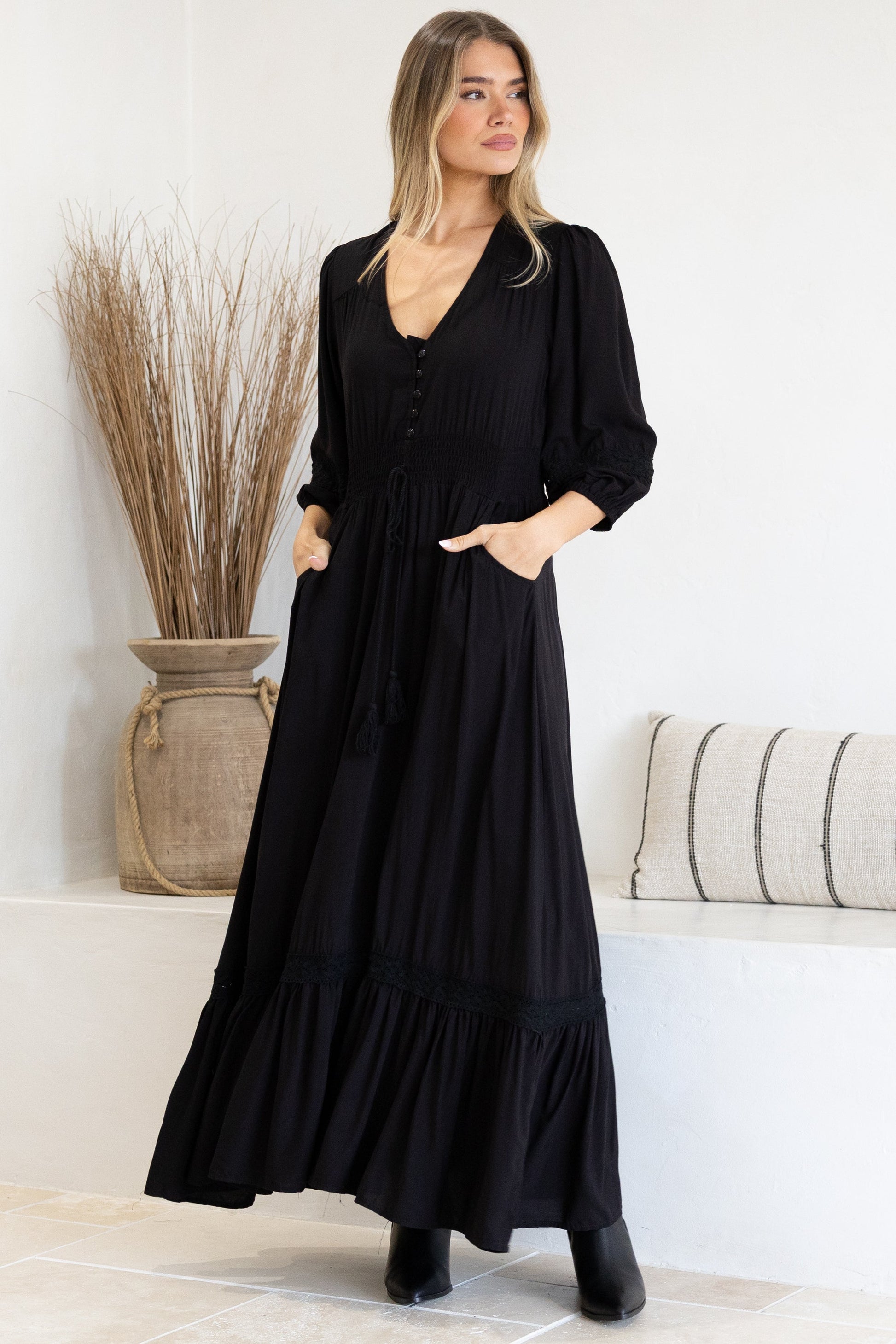 Kiaba Maxi Dress - V-Neck Buttoned Bodice 3/4 Sleeve A-Line Dress with Lace Inserts in Black