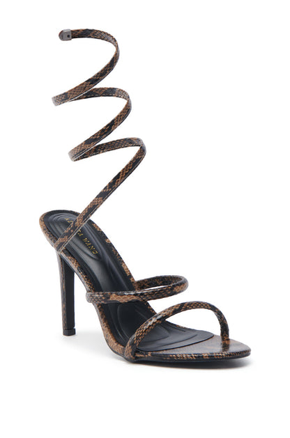 AKIRA LOWRI BROWN SNAKE SPIRAL STILETTO SANDAL