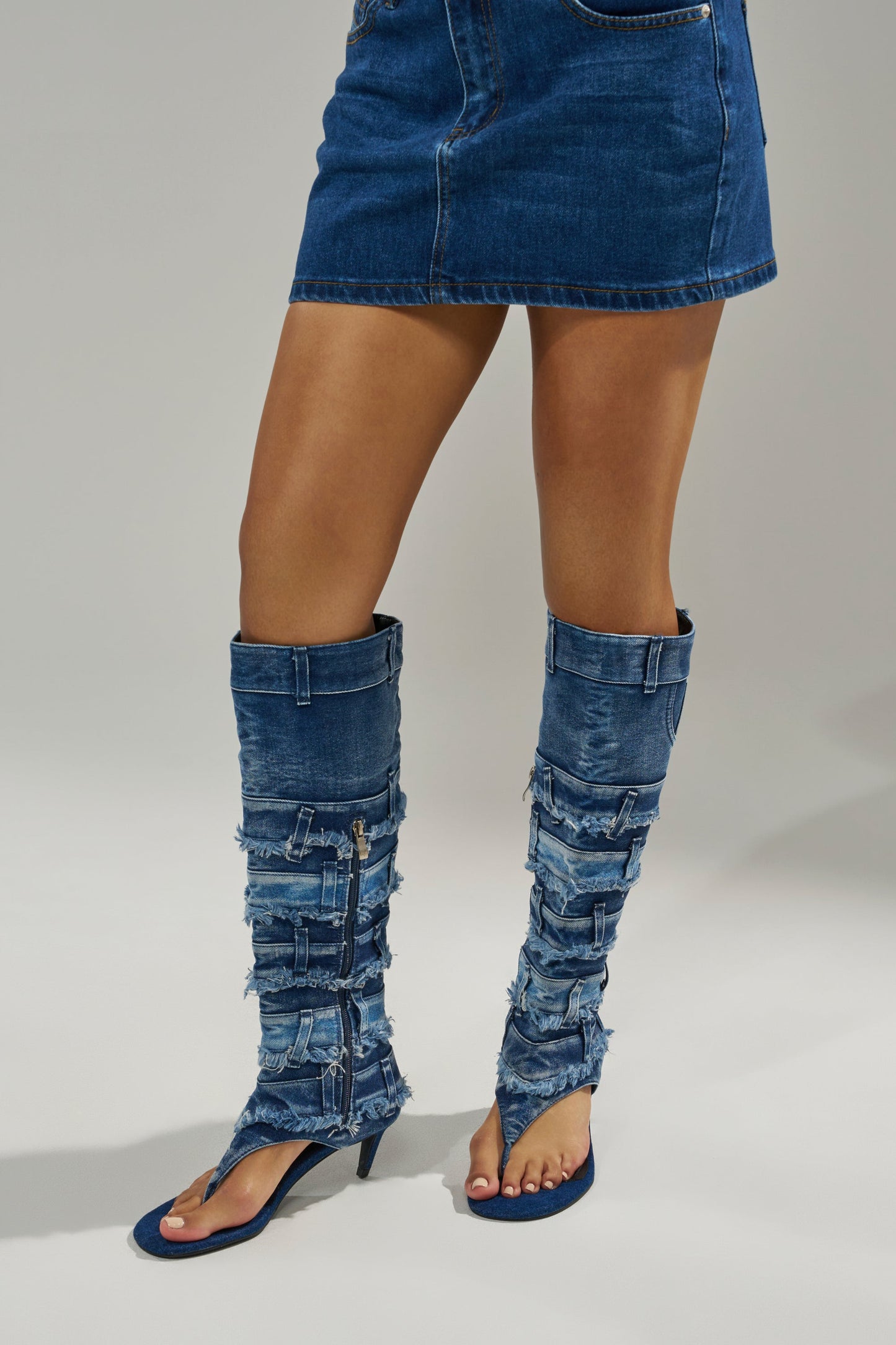 AKIRA GOLD MAHONEY DENIM PANT DETAIL GLADIATOR STILETTO