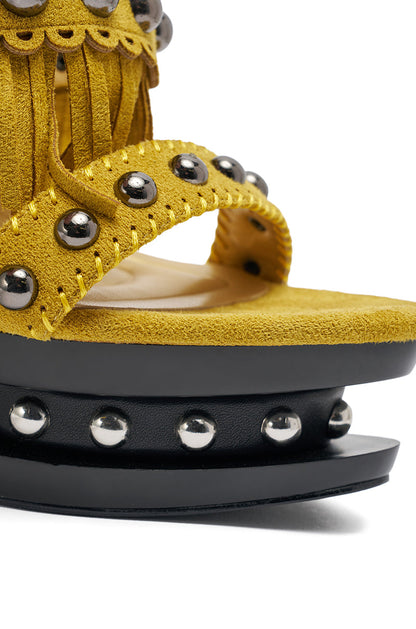 AKIRA GOLD MAROVA MUSTARD NOVELTY PLATFORM FRINGE EMBELLISHED SANDAL