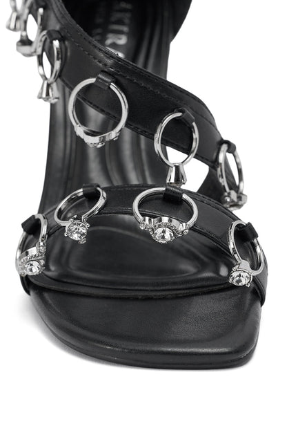 AKIRA GOLD MARQUISE BLACK STILETTO SANDAL WITH RINGS