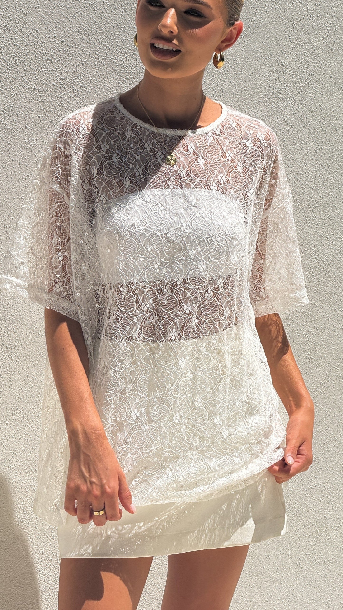 Zebia Sheer Sequin Lace Top - White
