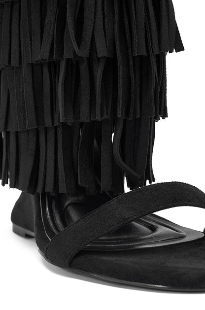 AKIRA GOLD SESTINA BLACK FAUX SUEDE FRINGE WEDGE SANDAL