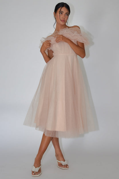May Rose Off-Shoulder Tulle Midi Dress Taupe