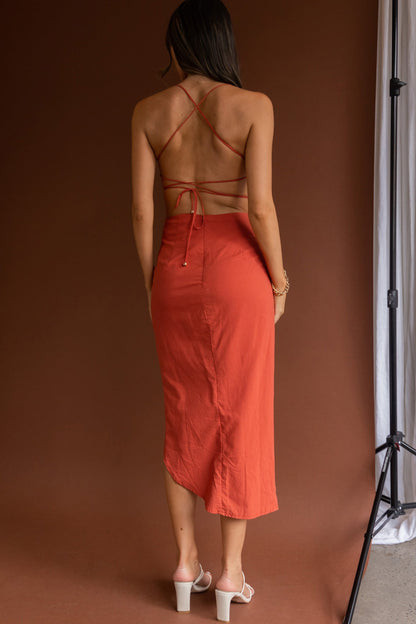 Heaven On Earth Lace-Up Back Midi Dress Rust