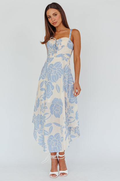 Euro Summer Asymmetrical Hem Midi Dress Floral Beige